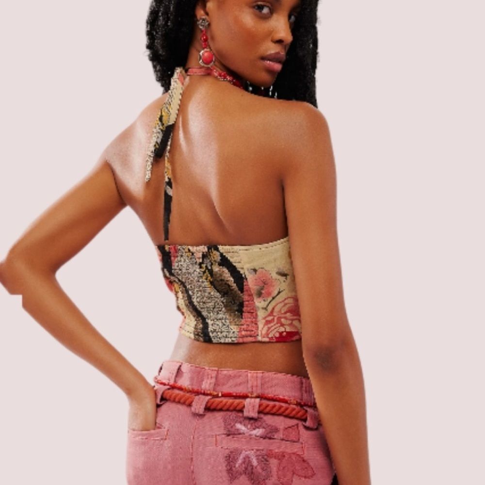NWT Free People Rae Crop Halter Top in Black, Red, & Yellow Print XS - Picture 8 of 9